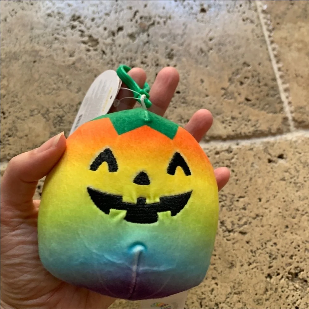 Squishmallow Staley Rainbow Pumpkin Clip Keychain NWT